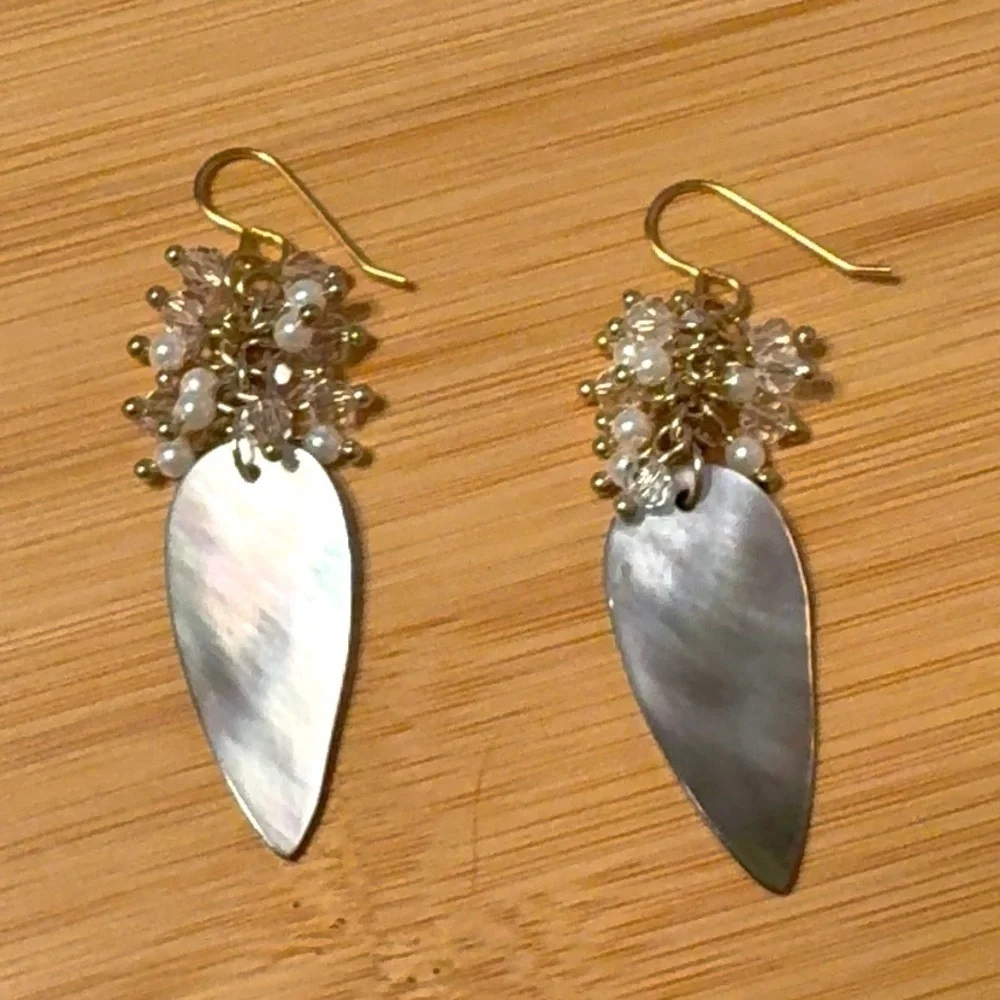 Shell Feather Charms With Glass Pearl Clusters Lightweight Earrings